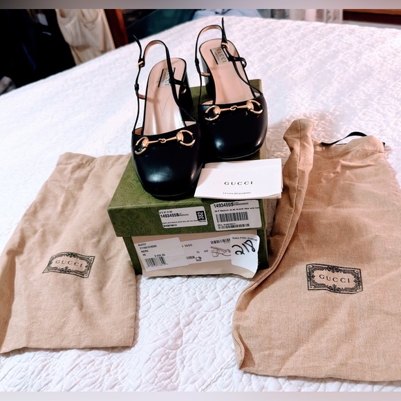 Gucci Shoes - Gucci Black Leather Horsebit Slingback Pumps with Gold Accents